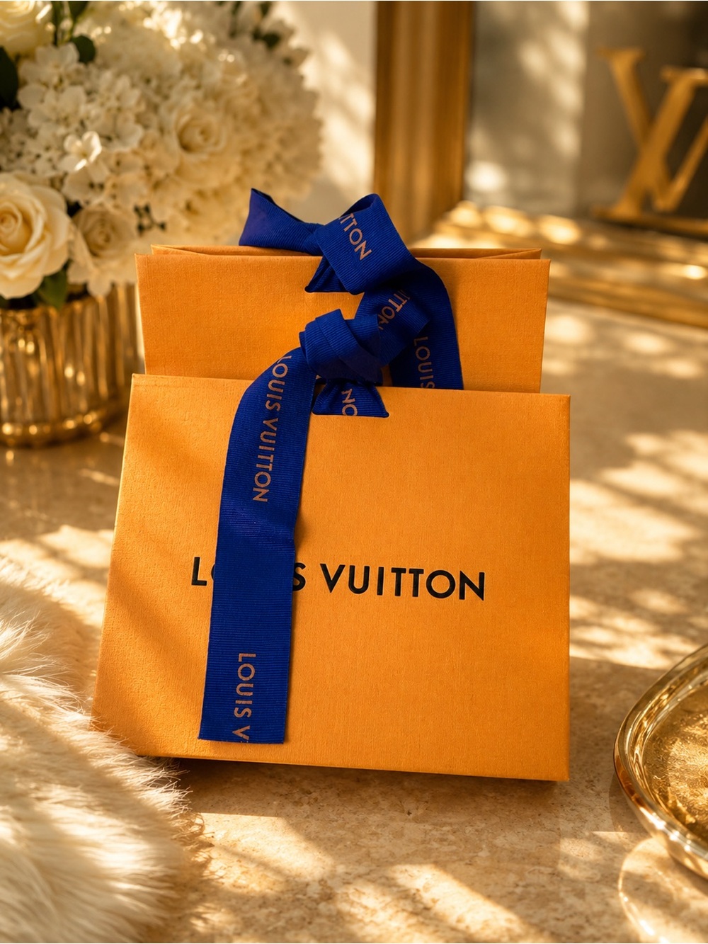 Louis Vuitton small presentation Orange Box with Blue Branded Ribbon